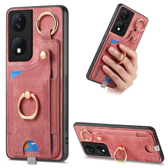 Per Honor X7b Custodia per telefono con sacchetto per carte ad anello retrò con sensazione di pelle e anello per appendere (rosa)