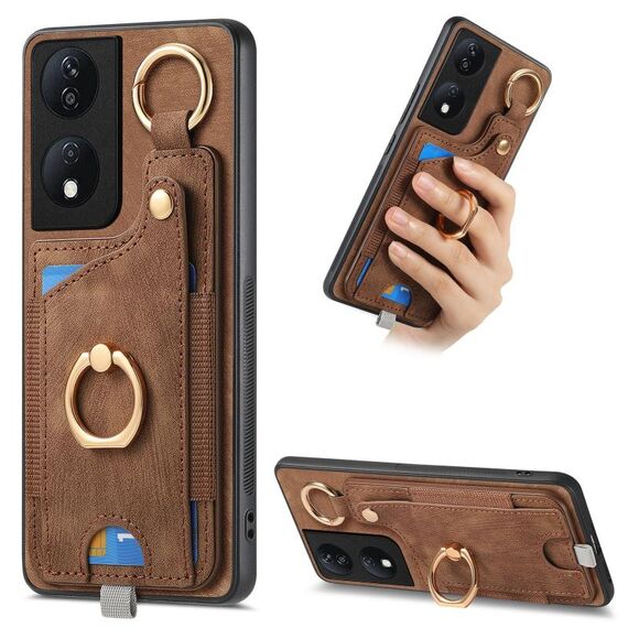 Per Honor X7b Custodia per telefono con borsa per carte ad anello retrò con sensazione di pelle e anello per appendere (marrone)