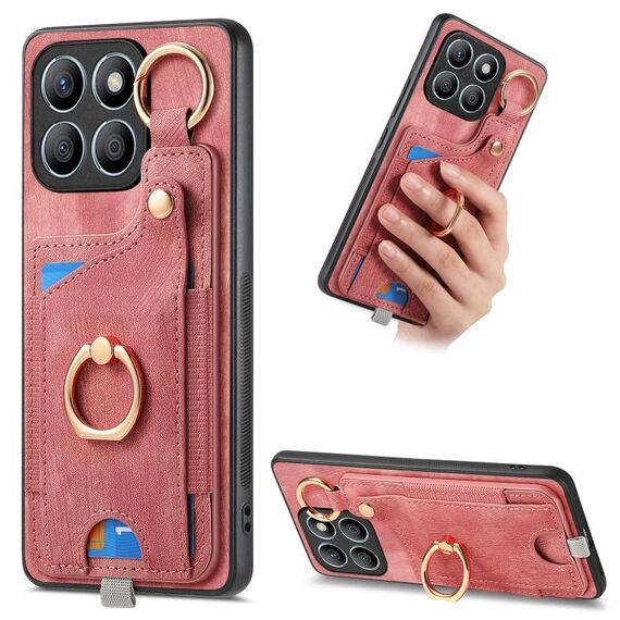 Per Honor X8b Custodia per telefono con sacchetto per carte ad anello retrò con sensazione di pelle e anello per appendere (rosa)