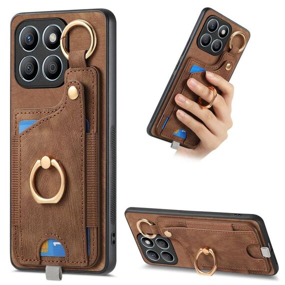 Per Honor X8b Custodia per telefono con borsa per carte ad anello retrò con sensazione di pelle e anello per appendere (marrone)