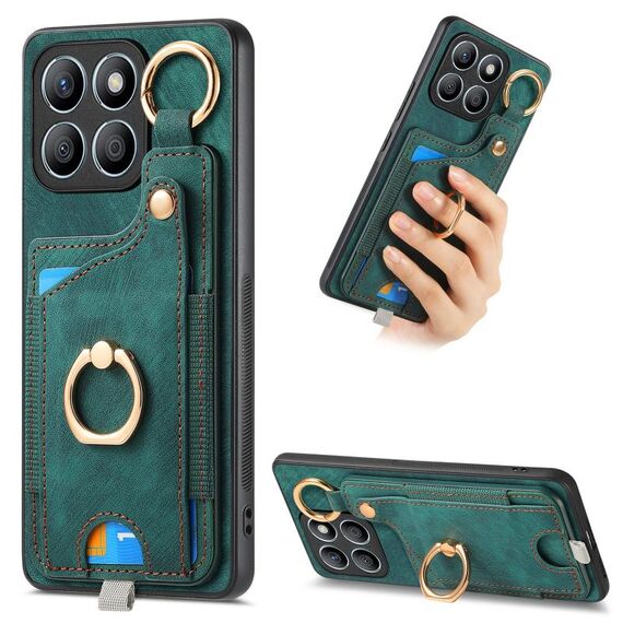 Per Honor X8b Custodia per telefono con borsa per carte ad anello retrò con sensazione di pelle e anello per appendere (verde)