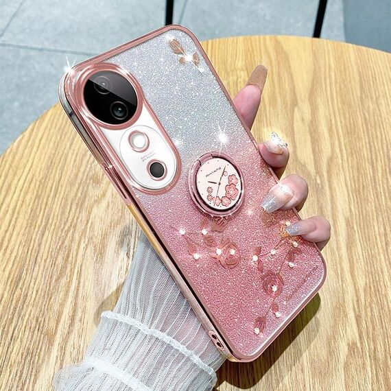 Custodia per telefono all-inclusive con anello floreale immortale con glitter sfumati per vivo S19 (rosa)