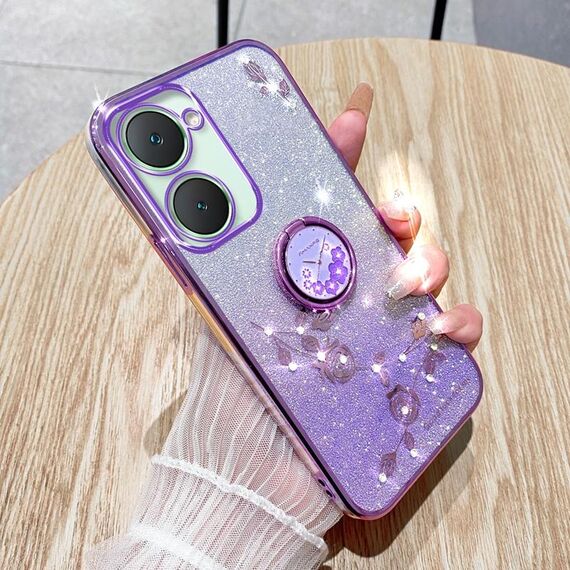 Per vivo Y03 4G Global Gradient Glitter Immortal Flower Ring Custodia per telefono all-inclusive (viola)