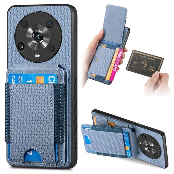Per Honor Magic4 Pro Custodia per telefono con supporto a portafoglio verticale in fibra di carbonio (blu)