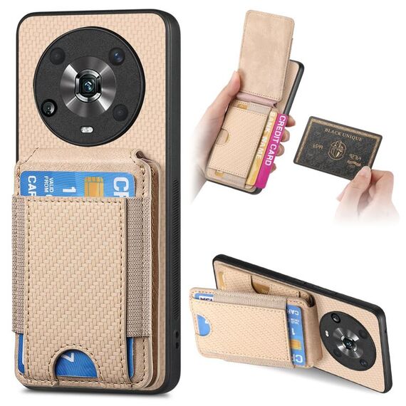 Custodia per telefono con supporto a portafoglio verticale in fibra di carbonio per Honor Magic4 Pro (cachi)