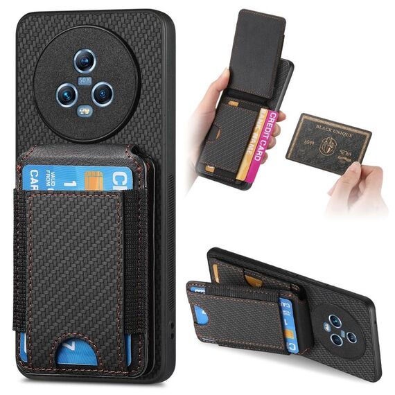 Custodia per telefono con supporto a portafoglio verticale in fibra di carbonio per Honor Magic5 (nero)