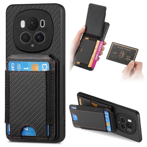 Custodia per telefono con supporto a portafoglio verticale in fibra di carbonio per Honor Magic6 Pro (nero)