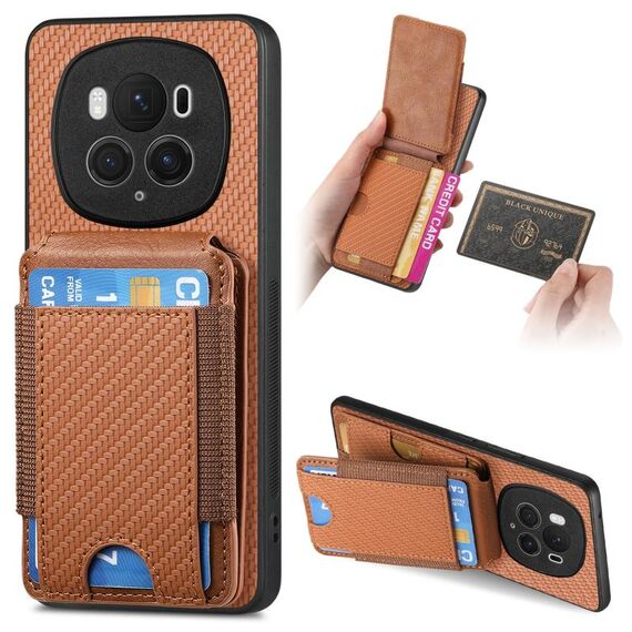 Custodia per telefono con supporto a portafoglio verticale in fibra di carbonio per Honor Magic6 Pro (marrone)