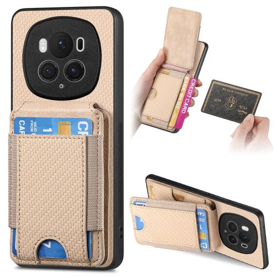 Per Honor Magic6 Pro Custodia per telefono con supporto a portafoglio verticale in fibra di carbonio (cachi)
