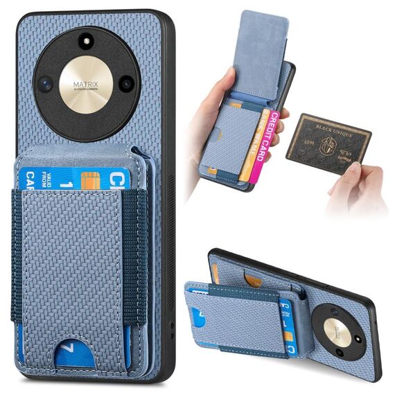 Per Honor X50 5G Custodia per telefono con supporto a portafoglio verticale in fibra di carbonio (blu)