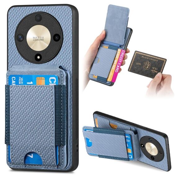 Per Honor X9b Custodia per telefono con supporto a portafoglio verticale in fibra di carbonio (blu)