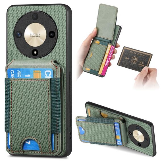Custodia per telefono con supporto a portafoglio verticale in fibra di carbonio per Honor X9b (verde)