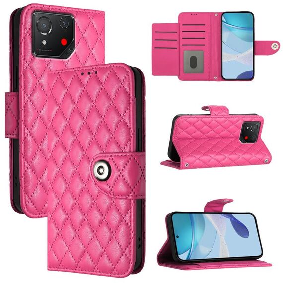 Custodia per cellulare in pelle con texture rombica per Asus ROG Phone 8 con cordino (rosa rosso)