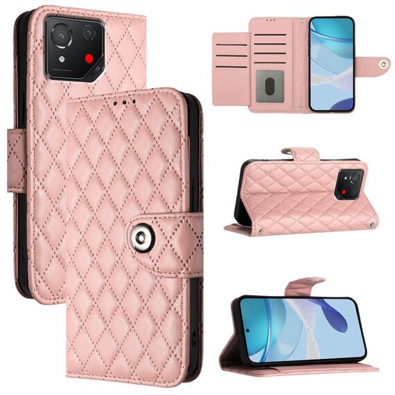 Custodia per cellulare in pelle con texture rombica per Asus ROG Phone 8 con cordino (rosa corallo)