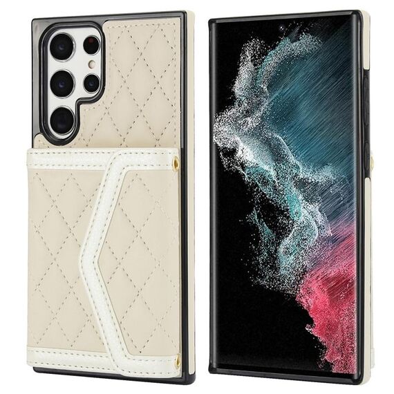 Per Samsung Galaxy S22 Ultra 5G Custodia per telefono con custodia per carta con texture rombica e cordino lungo (Beige)