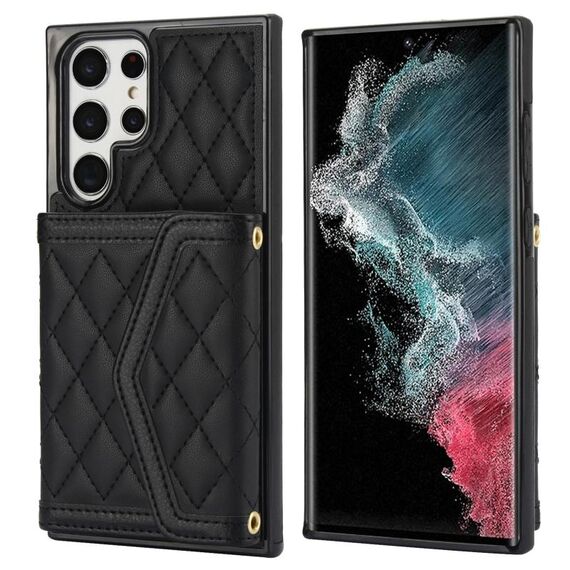 Per Samsung Galaxy S22 Ultra 5G Custodia per telefono con custodia per carta con texture rombica e cordino lungo (nero)
