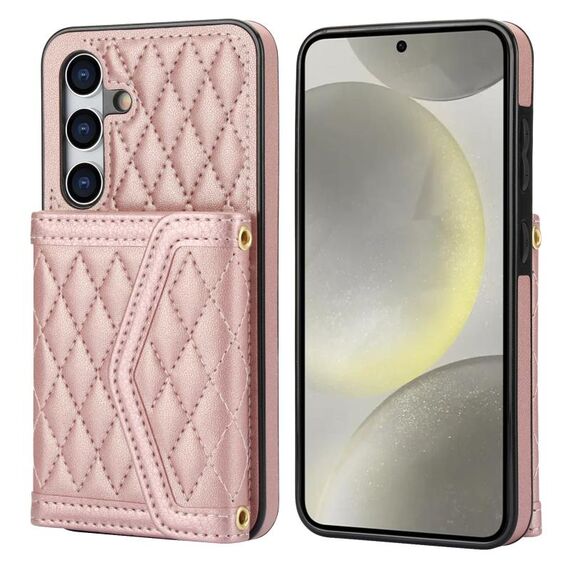 Per Samsung Galaxy S24 5G Custodia per telefono con trama rombica e cordino lungo (oro rosa)