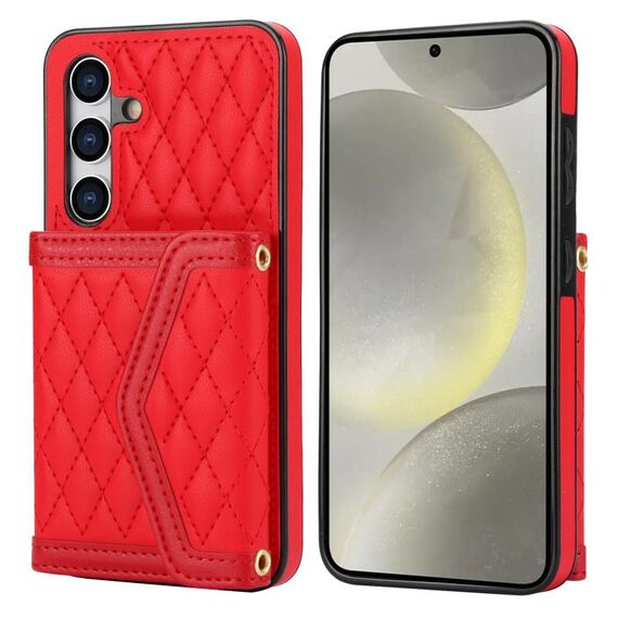 Per Samsung Galaxy S24+ 5G Custodia per telefono con custodia per carta con texture rombica e cordino lungo (Rosso)