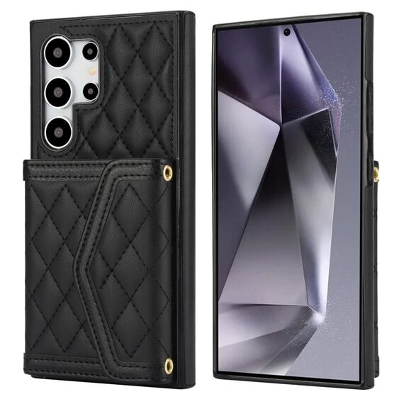 Per Samsung Galaxy S24 Ultra 5G Custodia per telefono con custodia per carta con texture rombica e cordino lungo (nero)