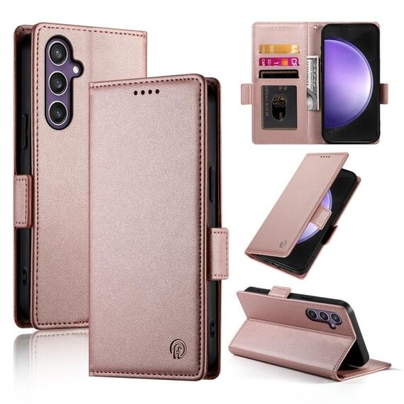 Custodia per telefono in pelle smerigliata magnetica con fibbia laterale per Samsung Galaxy S23 FE 5G (oro rosa)
