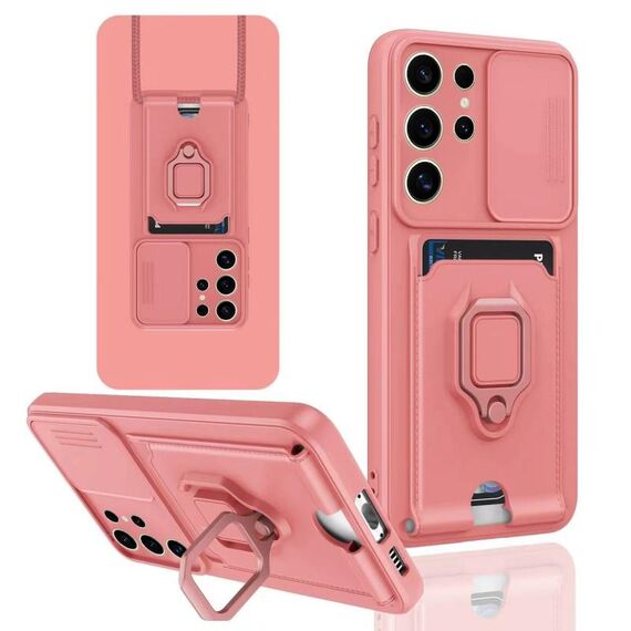 Custodia per telefono in silicone con porta carte magnetica scorrevole Camshield per Samsung Galaxy S24 Ultra 5G (rosa)