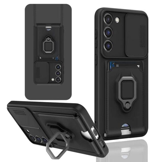 Per Samsung Galaxy S23+ 5G Custodia per telefono in silicone con porta carte magnetico scorrevole Camshield (Nero)