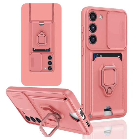 Custodia per telefono in silicone con porta carte magnetica scorrevole Camshield per Samsung Galaxy S22 Ultra 5G (rosa)