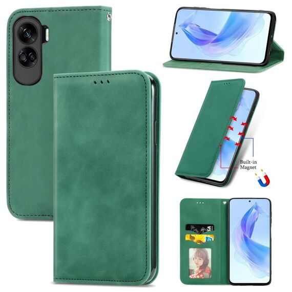 Custodia per telefono in pelle magnetica con chiusura a scatto per Honor 90 Lite Retro Skin Feel (verde)