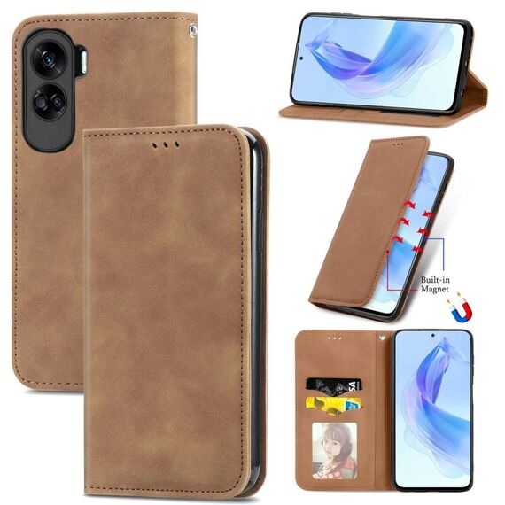 Per Honor 90 Lite Custodia per telefono in pelle con vibrazione magnetica retrò Skin Feel (marrone)