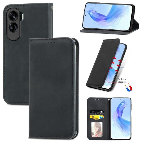 Per Honor 90 Lite Custodia per telefono in pelle con vibrazione magnetica retrò Skin Feel (nera)