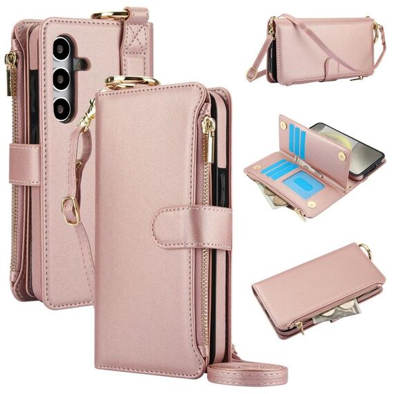 Custodia per telefono in pelle a portafoglio multifunzionale con anello a tracolla per Samsung Galaxy S24 5G (oro rosa)