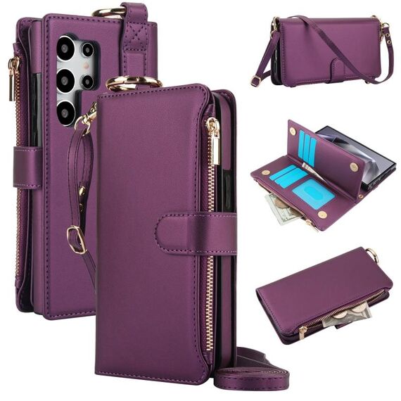 Per Samsung Galaxy S24 Ultra 5G Custodia a tracolla multifunzionale in pelle con anello a tracolla (viola scuro)