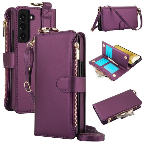 Per Samsung Galaxy S22 5G Custodia a tracolla multifunzionale in pelle con anello a tracolla (viola scuro)