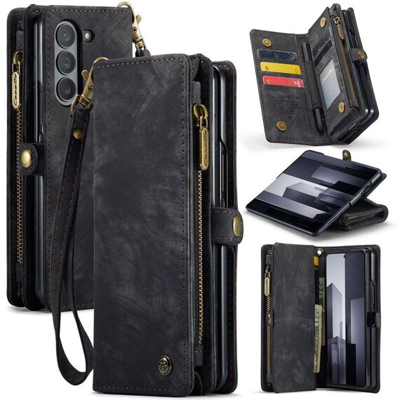 Per Samsung Galaxy Z Fold6 5G CaseMe 008 Custodia per telefono in pelle con cerniera multifunzionale con cordino (nero)