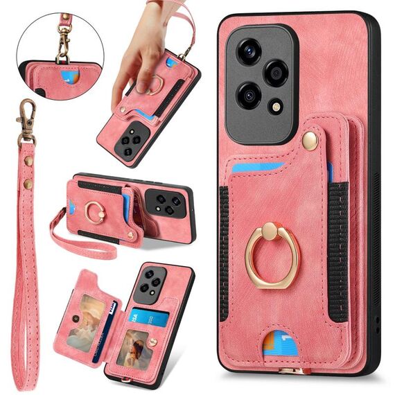 Per Honor 200 Lite Custodia per telefono a portafoglio multi-card RFID con anello retro skin-feel globale (rosa)