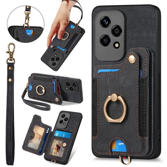 Per Honor 200 Lite Custodia per telefono a portafoglio multi-card RFID con anello retro skin-feel globale (nero)