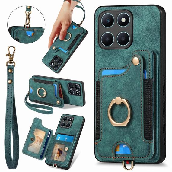 Per Honor X6a Custodia per telefono a portafoglio multi-card RFID con anello retro skin-feel (verde)