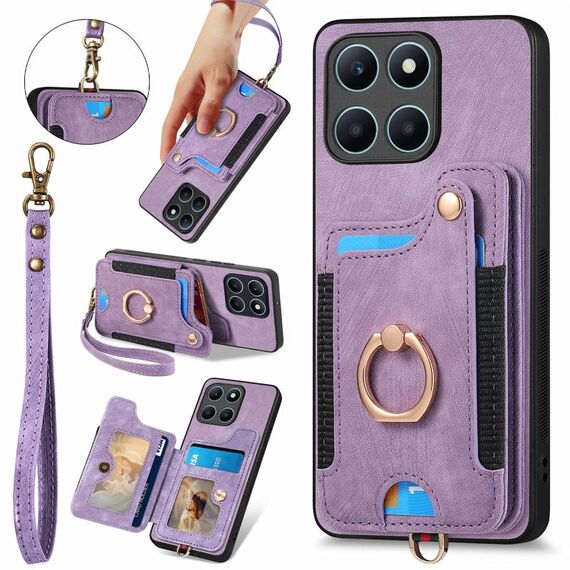 Per Honor X6a Custodia per telefono a portafoglio multi-card RFID con anello retro skin-feel (viola)