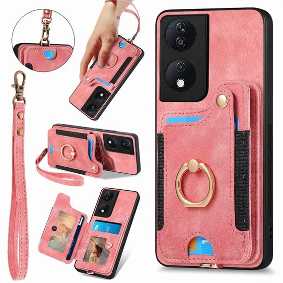 Per Honor X7b Custodia per telefono a portafoglio multi-card RFID con anello retro skin-feel (rosa)
