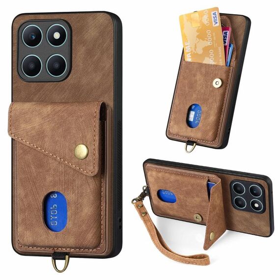 Custodia per cellulare in pelle pieghevole con portafoglio retrò per Honor X6a con cinturino (marrone)