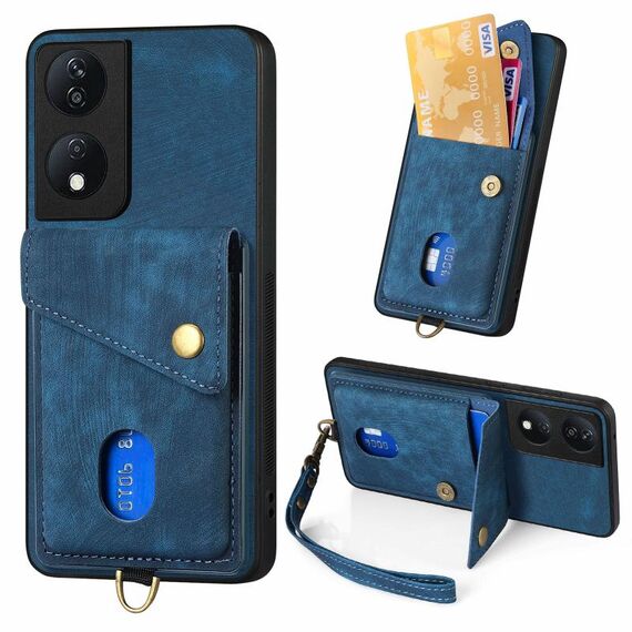 Custodia per cellulare in pelle pieghevole con portafoglio retrò per Honor X7b con cinturino (blu)