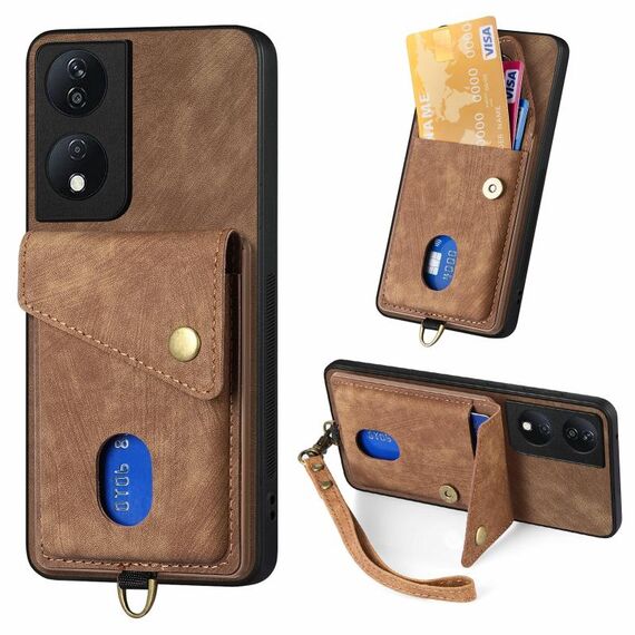 Custodia per cellulare in pelle pieghevole con portafoglio retrò per Honor X7b con cinturino (marrone)