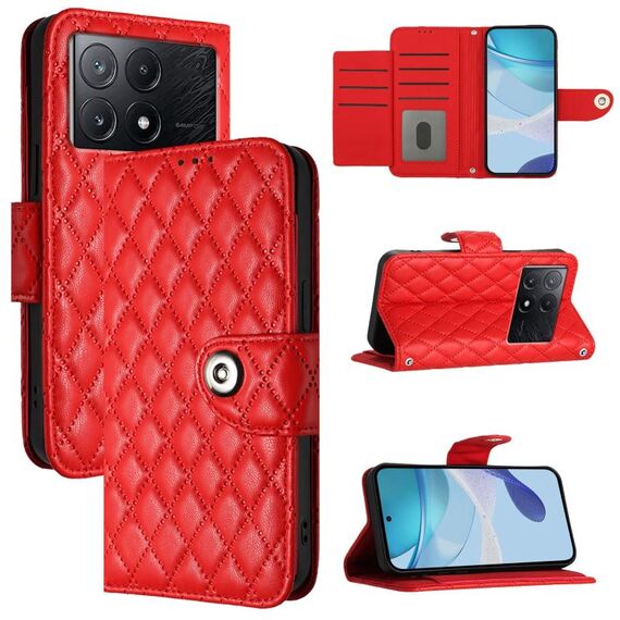 Per Xiaomi Poco X6 Pro / Redmi K70E Custodia per telefono in pelle con texture rombica con cordino (Rosso)
