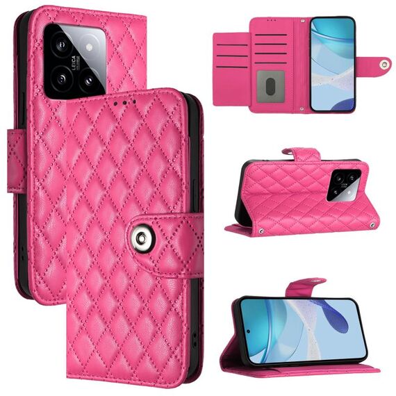 Per Xiaomi 14 Custodia per cellulare in pelle con texture rombica con cordino (rosa rossa)