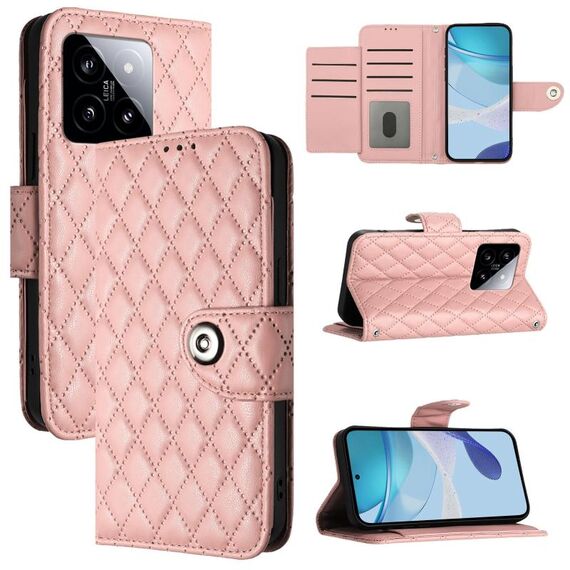 Per Xiaomi 14 Custodia per telefono in pelle con texture rombica con cordino (rosa corallo)