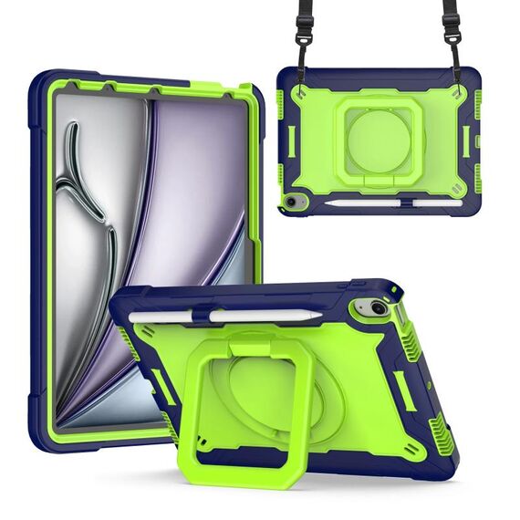 Per iPad Air 11 2024 Maniglia con impugnatura Custodia ibrida in silicone per tablet PC con cinturino (giallo blu scuro verde)