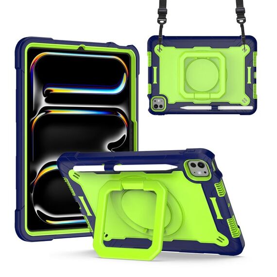 Per iPad Pro 11 2024 Custodia con impugnatura in silicone ibrida per tablet PC con cinturino (giallo blu scuro verde)