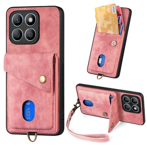 Custodia per cellulare in pelle pieghevole con portafoglio per carte retrò per Honor X8b con cinturino (rosa)
