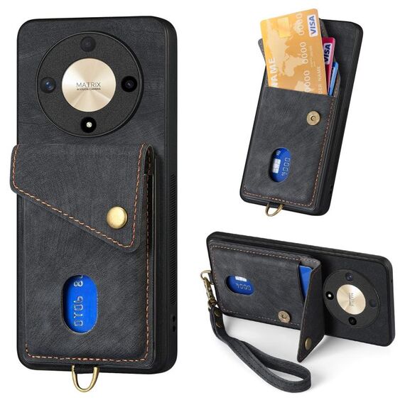 Custodia per cellulare in pelle pieghevole con portafoglio retrò per Honor X9b con cinturino (nero)
