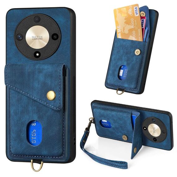 Custodia per cellulare in pelle pieghevole con portafoglio retrò per Honor X9b con cinturino (blu)